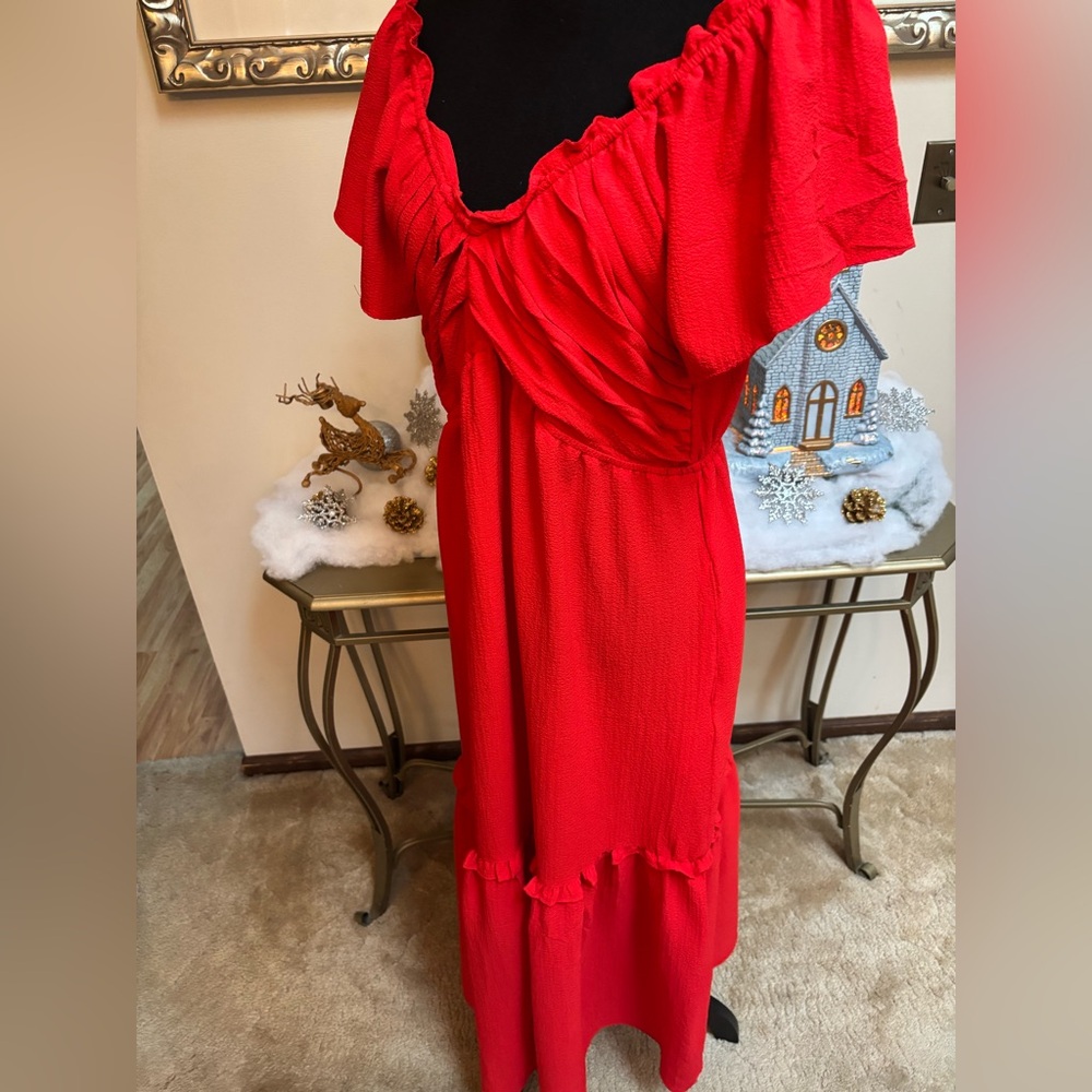 Sofia by Sofia Vergara Vibrant Red Maxi Dress On Off Shoulder Ruffle Trim Size L - Picture 7 of 11
